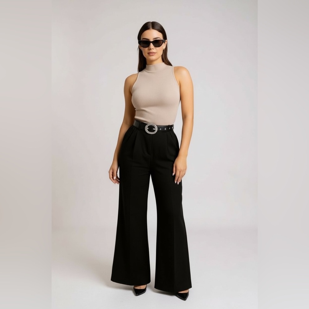 BELTED LUXE FLARE HIGH WAISTED PANTS
( Midnight Black )
